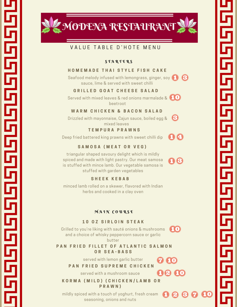 Table D Hote Menu Modena Restaurant